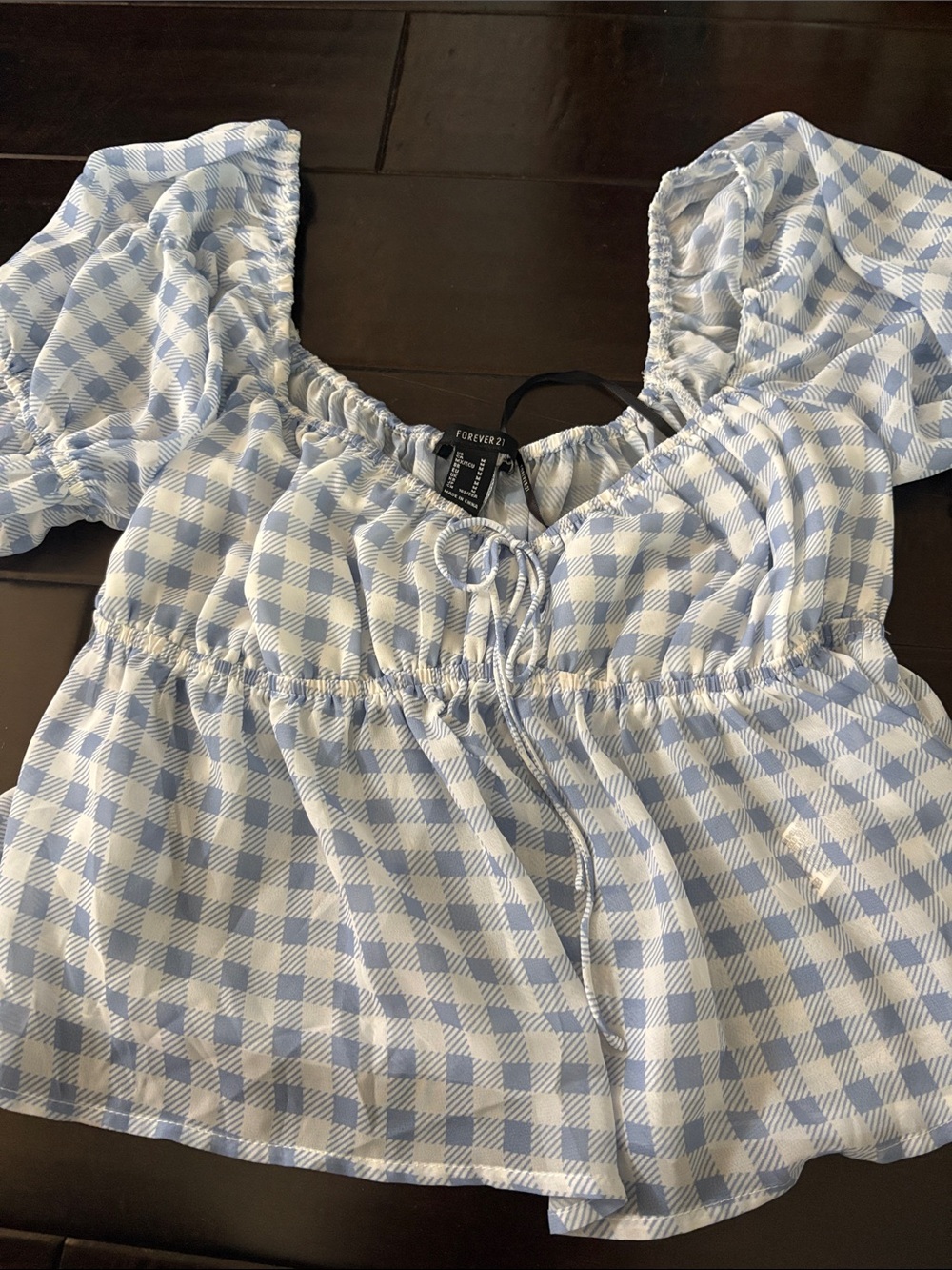 Forever 21 Blue and White Gingham Peasant Blouse